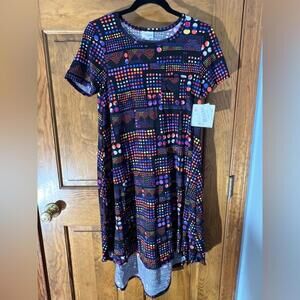 LuLaRoe Carly Dress Swing High Low Pocket Polka Dots T Shirt Flowy Black XXS NWT